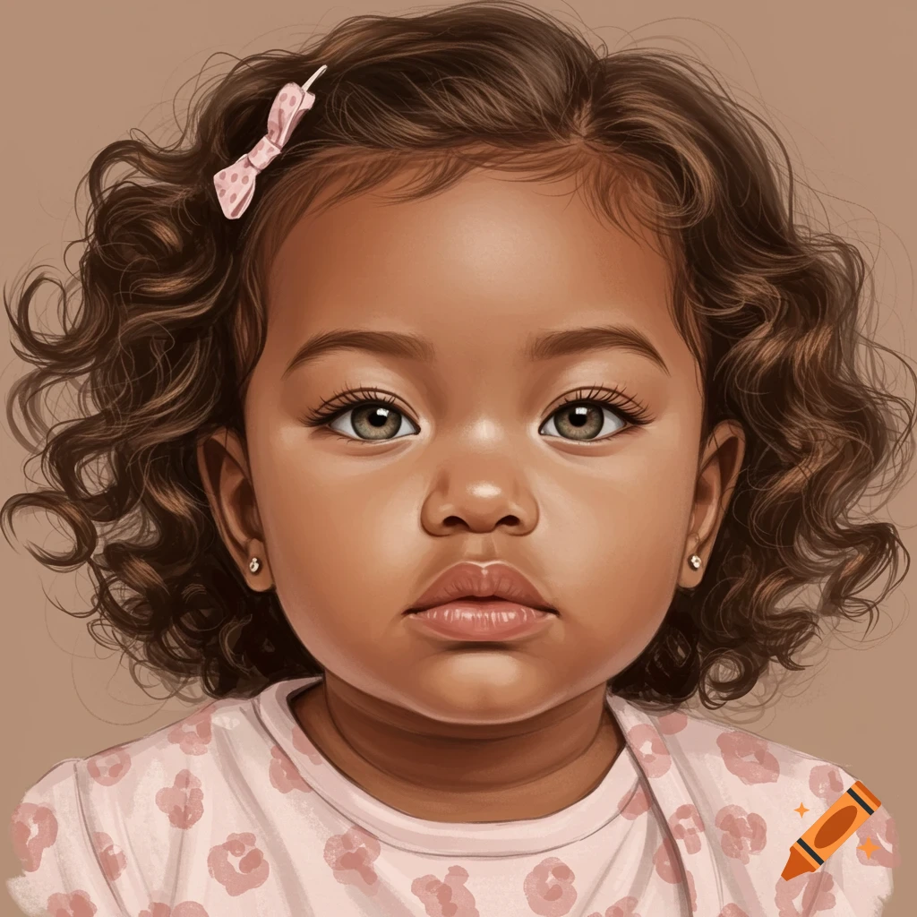 Portrait of a baby girl with brown curly hair and a pink bow.