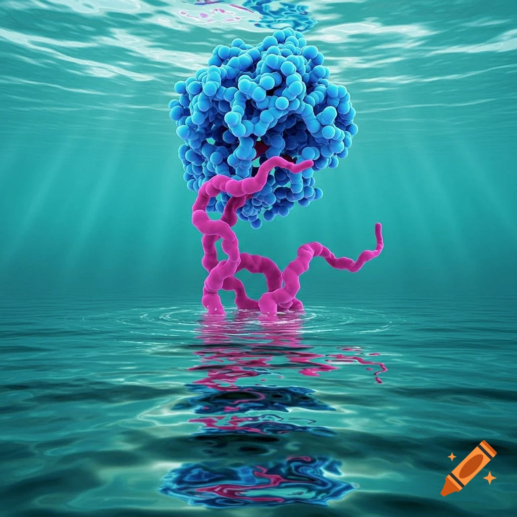 A blue molecular structure with a pink wavy tail rising from water.