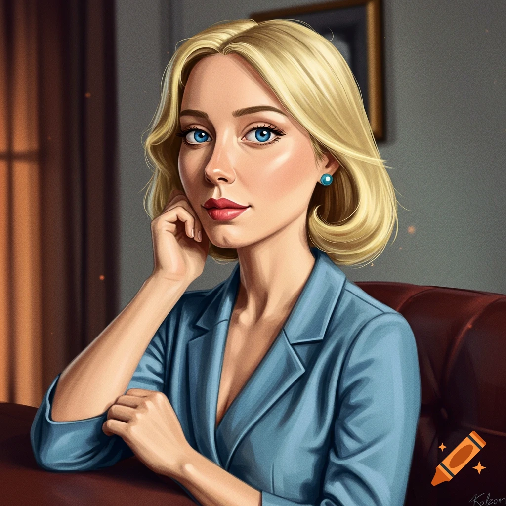 A blonde woman in a blue blazer is seated in an armchair.
