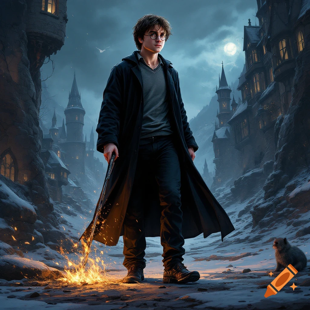 Harry Potter in a snowy, gothic town casting a spell with sparks.