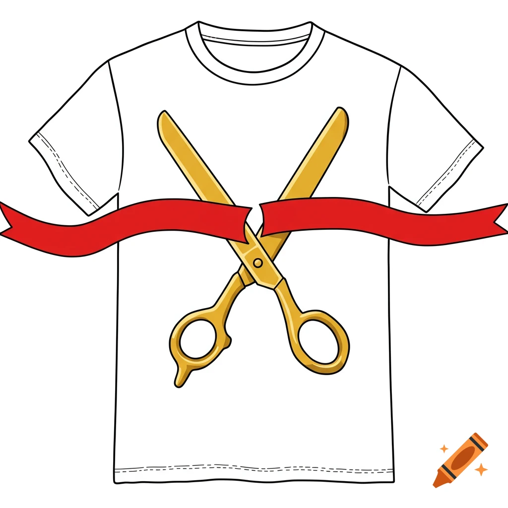 Clip art illustration of gold scissors cutting a red ribbon on a white T-shirt