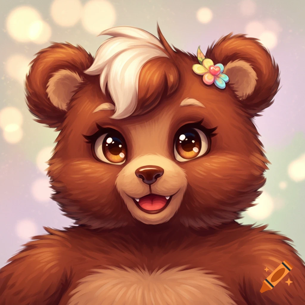 A cute brown bear character with a flower in its hair.