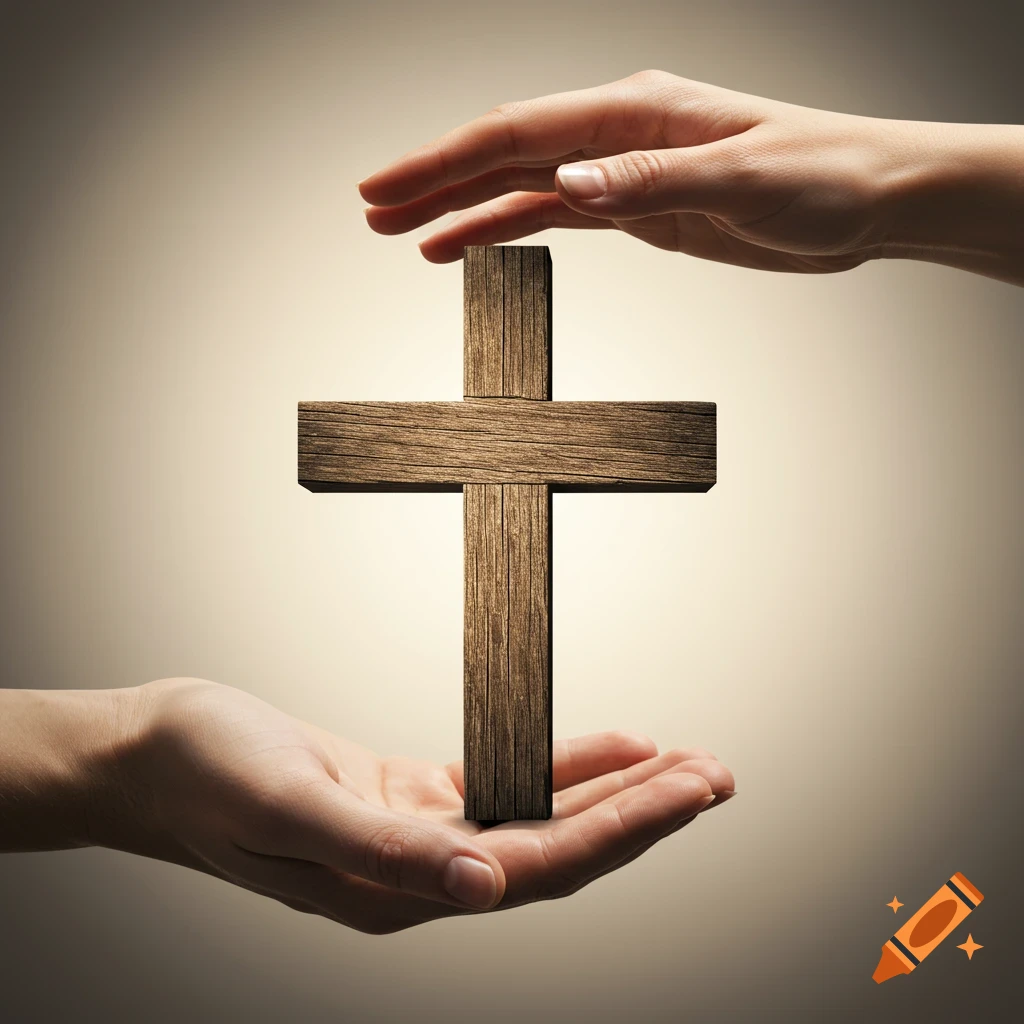 Photorealistic image of two hands reaching towards and holding a wooden cross.