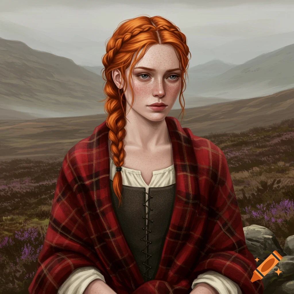 A woman with red braided hair wears a red tartan shawl and historical dress in a field.