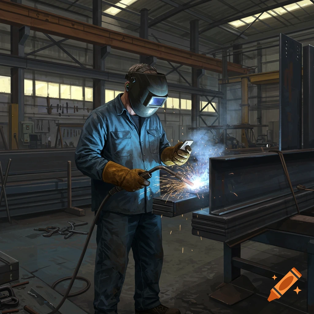 A welder in a factory is distracted by their phone while working.