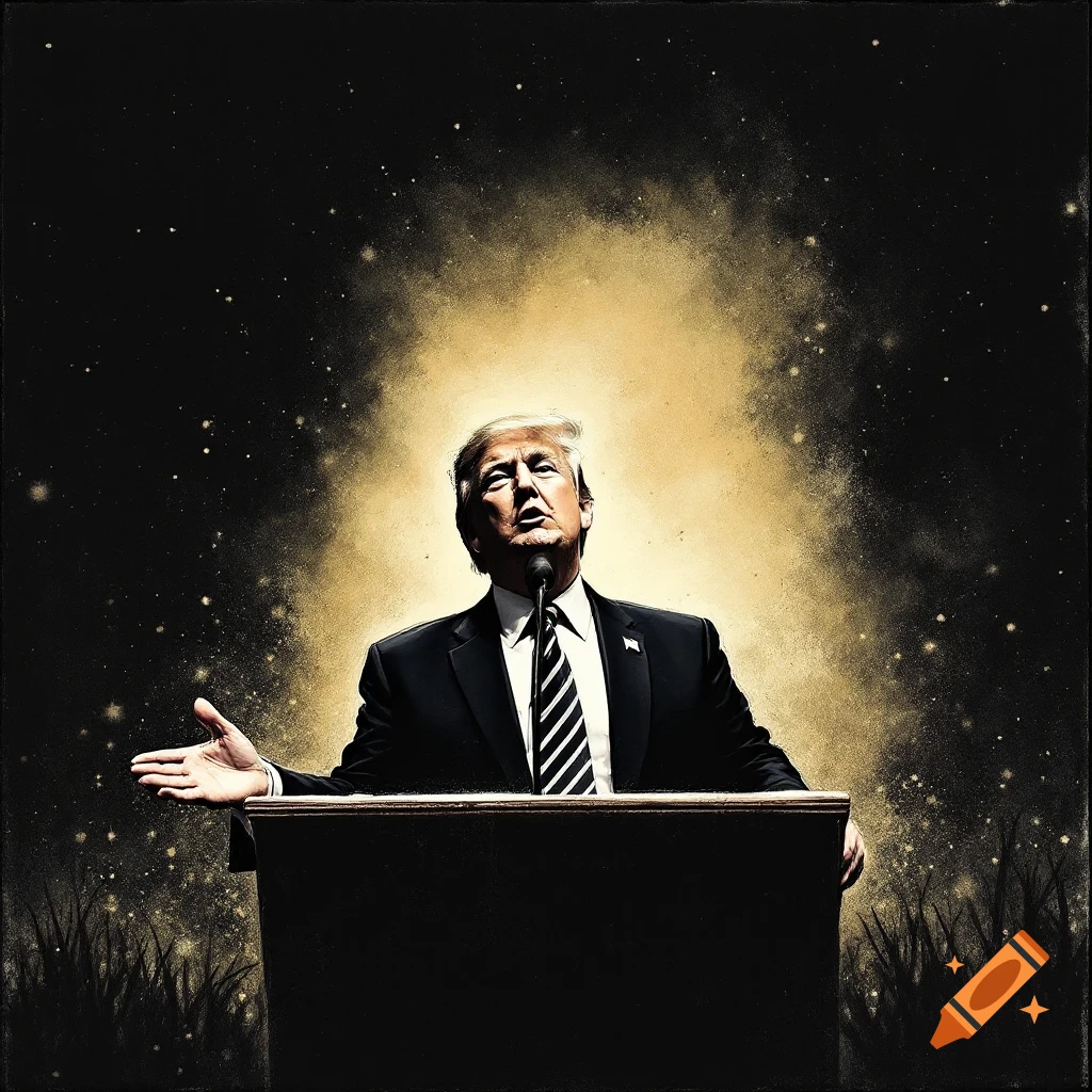 Illustrative portrait of Donald Trump giving a speech behind a podium.