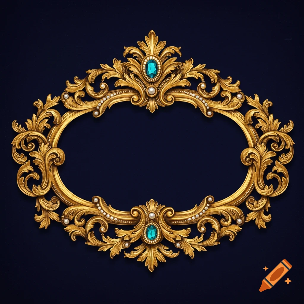 Ornate gold oval frame with blue gems and pearls on dark background