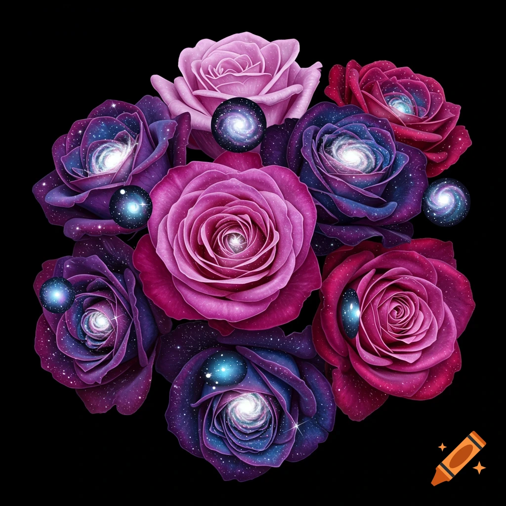 A bouquet of purple, pink, and red roses with mini galaxies inside them against a black background.