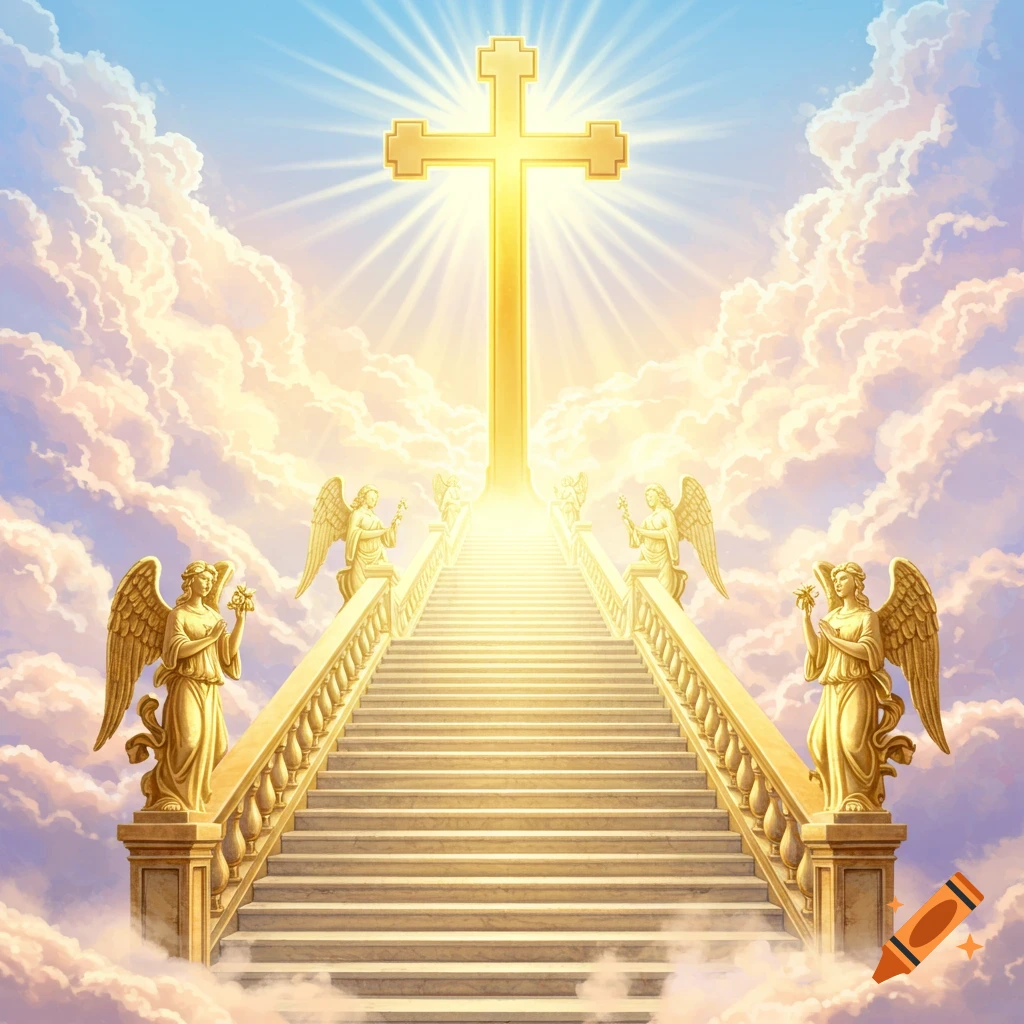 A golden staircase leads through clouds to a shining cross in the sky, with angels standing on either side.
