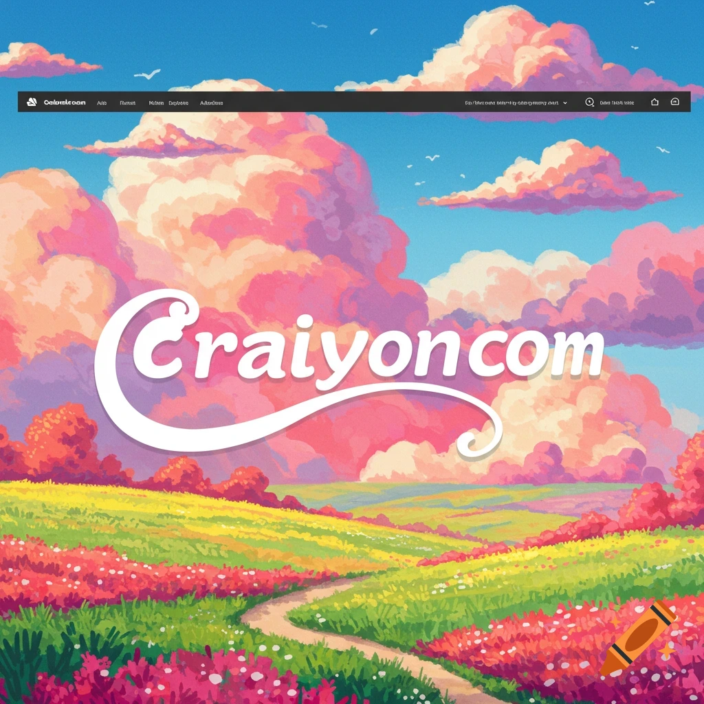 A colorful landscape with fields, a path, pink clouds, and the text 'Craiyoncom' in the sky.