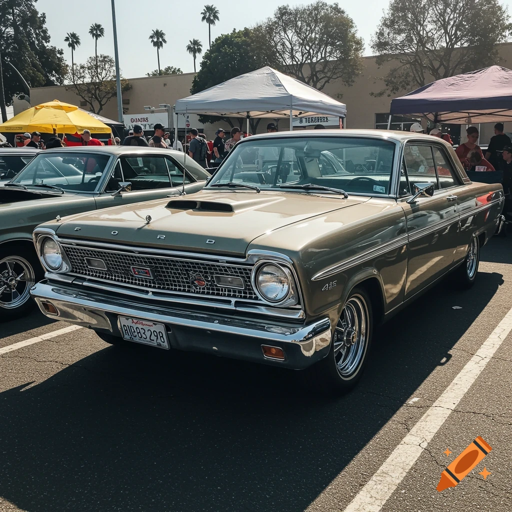 A classic gold Ford car with a hood scoop parked at an outdoor car show with tents and palm trees in the background.