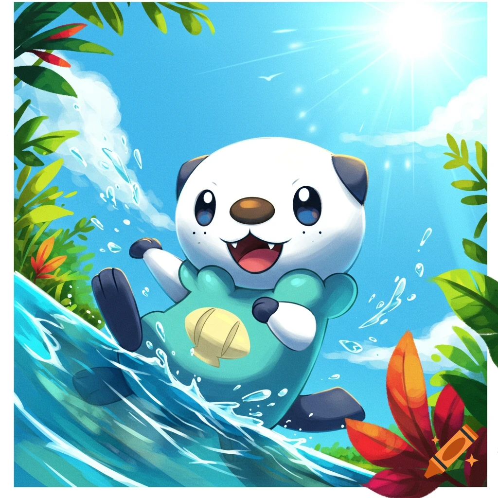 An image of Oshawott sliding down a water slope.