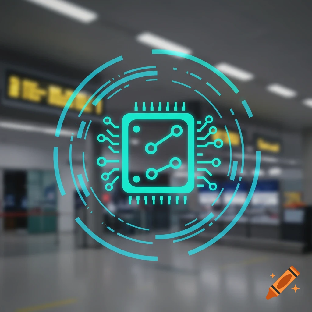 Glowing circuit board icon overlaid on blurred airport background.