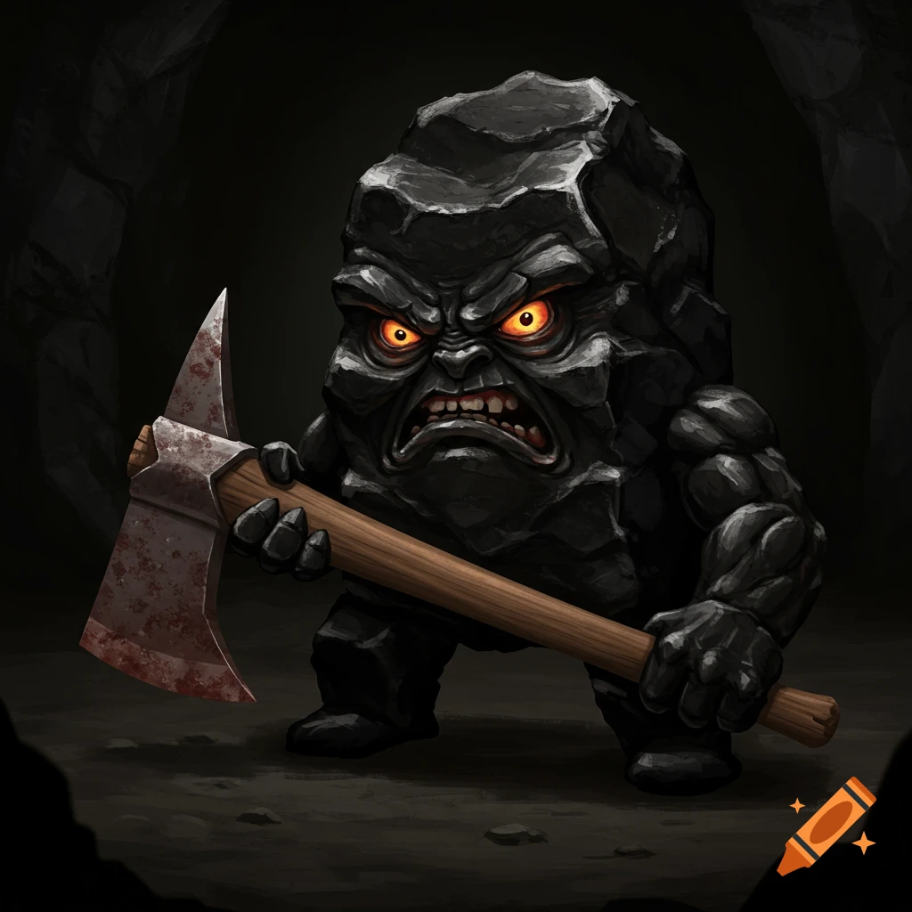 An angry rock creature holding a bloody axe in a dark cave.
