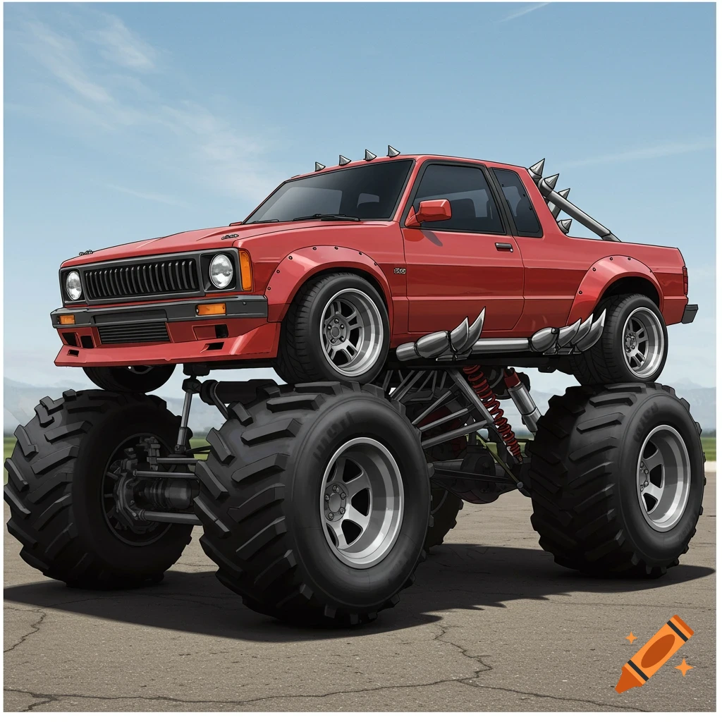 A red pickup monster truck with spikes.