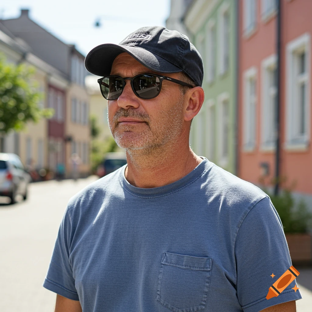 Photorealistic portrait of a man in a baseball cap and sunglasses on a street