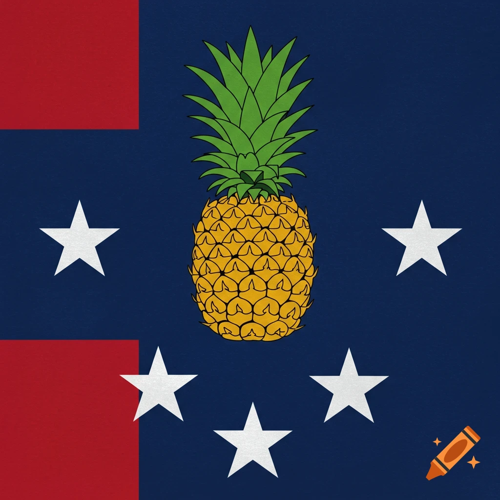 A dark blue flag with red corners, a central pineapple, and four surrounding white stars.