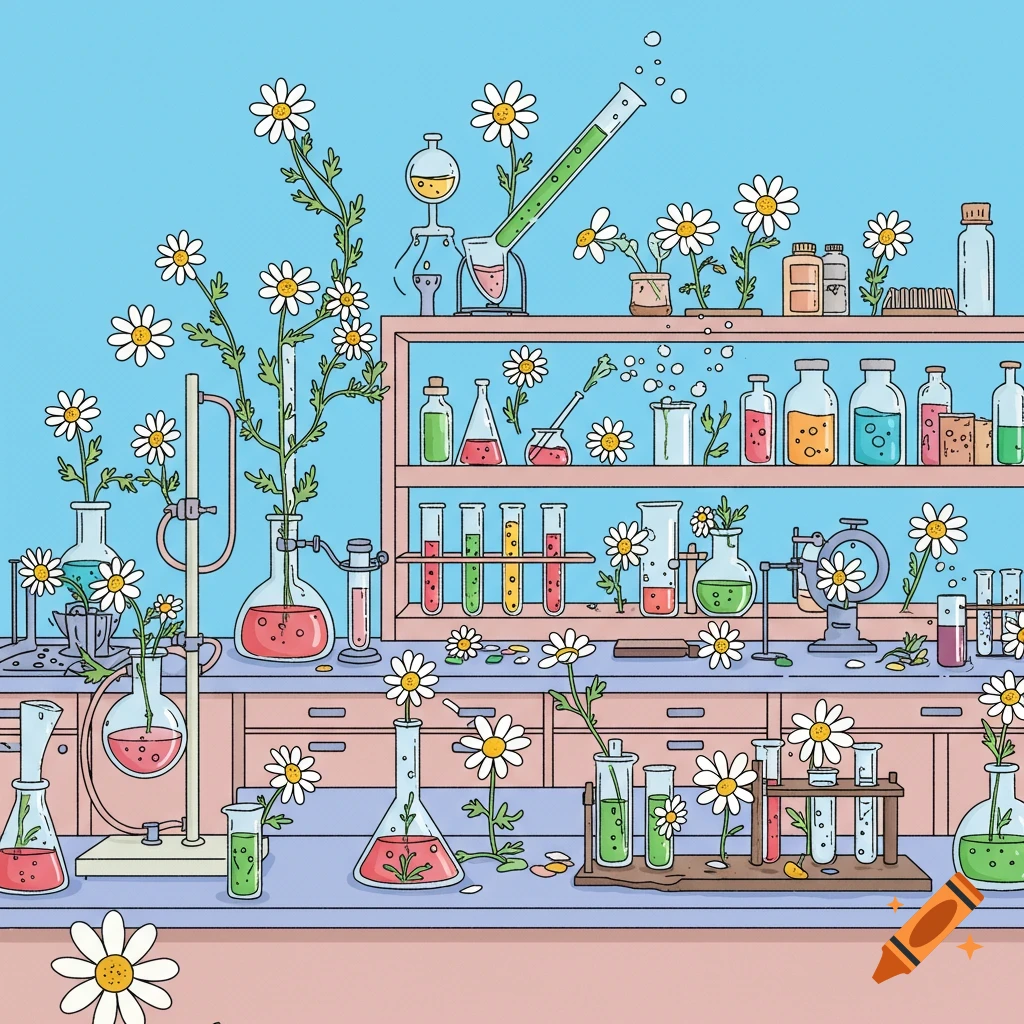 An illustration of a laboratory bench with test tubes, beakers, and flasks growing large daisies.