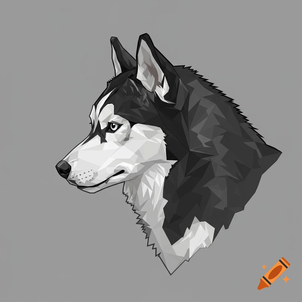 Low poly art illustration of a husky dog head and neck, side view, in black, white, and grey.