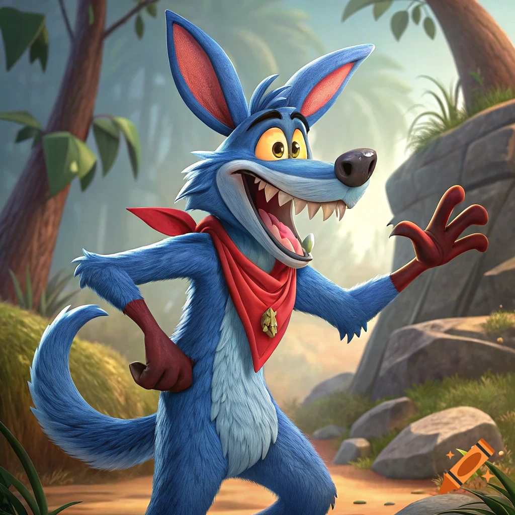 Blue cartoon creature running in a forest, wearing a red bandana and smiling.
