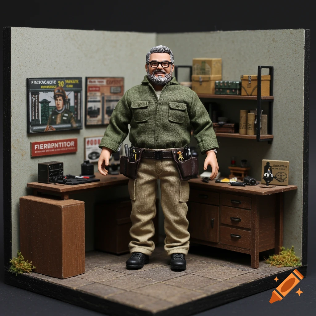 A detailed miniature diorama scene featuring a toy figurine of a man with a beard and glasses in a workshop.