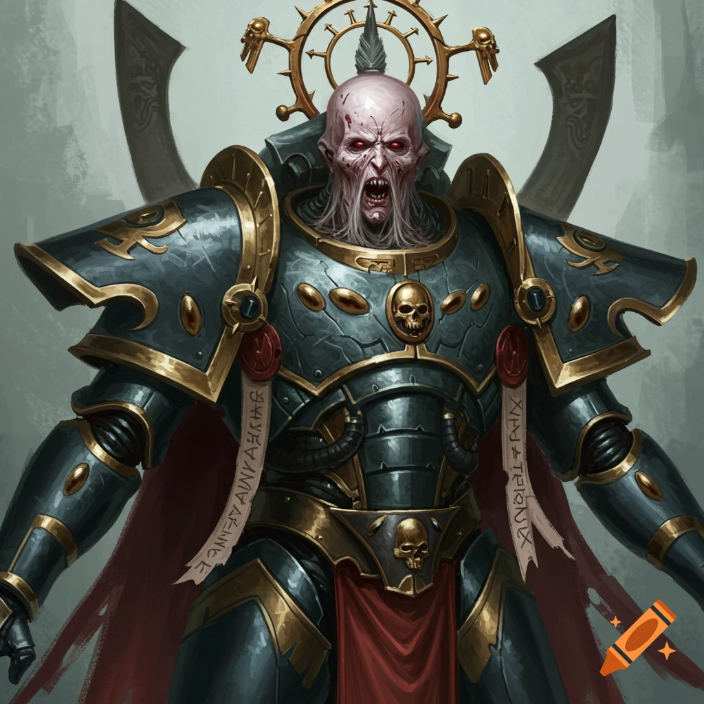 A pale, grotesque figure in dark sci-fi fantasy armor with red eyes and fangs, wearing banners with symbols.