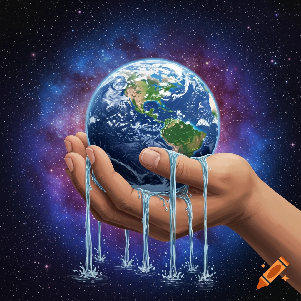 A hand holds the Earth with water flowing between fingers, in space.