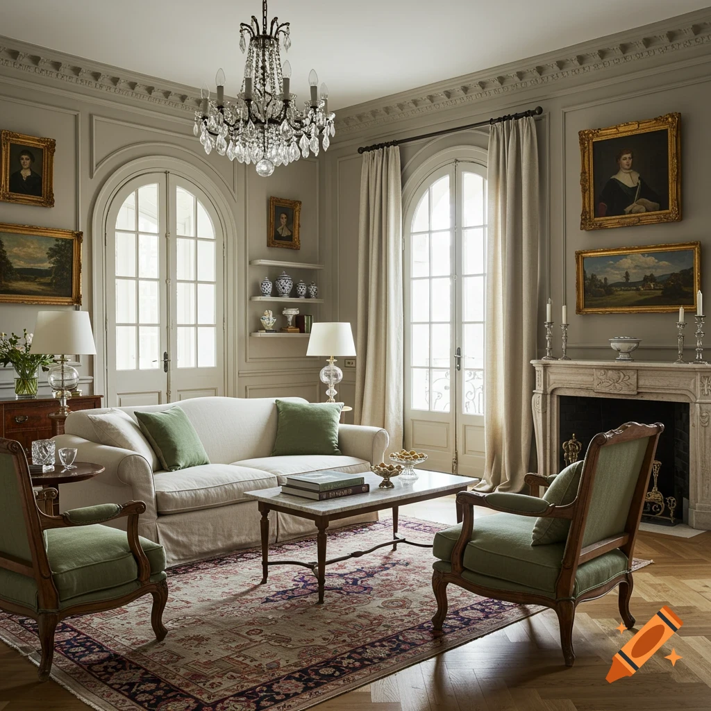 An elegant European-style living room with antique furniture, a chandelier, fireplace, and arched French doors.