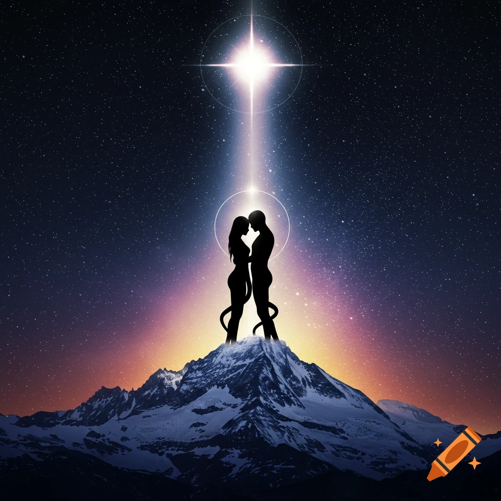 Silhouettes of a couple standing on a mountain peak under a bright star in a starry sky.