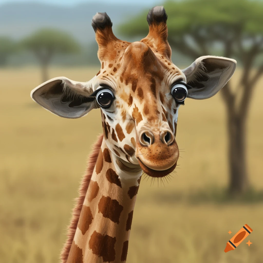 A giraffe with large googly eyes in a savanna.