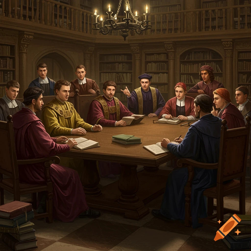 Scholars meeting in a renaissance library.