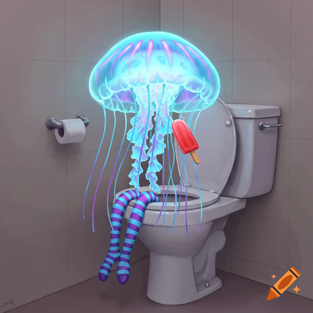 A glowing jellyfish is upside down on a toilet. It is wearing striped socks and holding a popsicle.