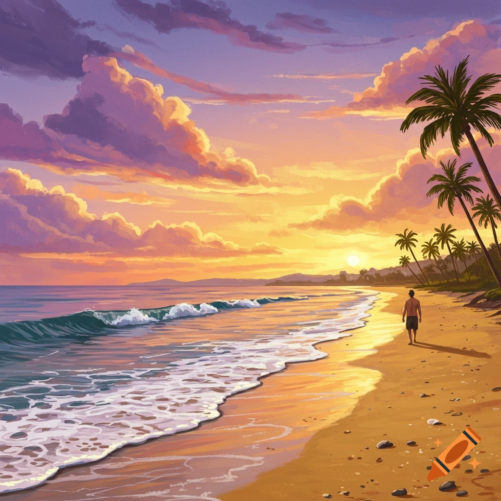 A man is walking on a beach at sunset with waves and palm trees.