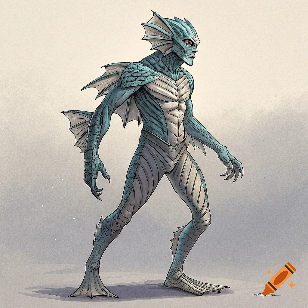 Illustration of a blue-skinned humanoid creature with fins, standing.