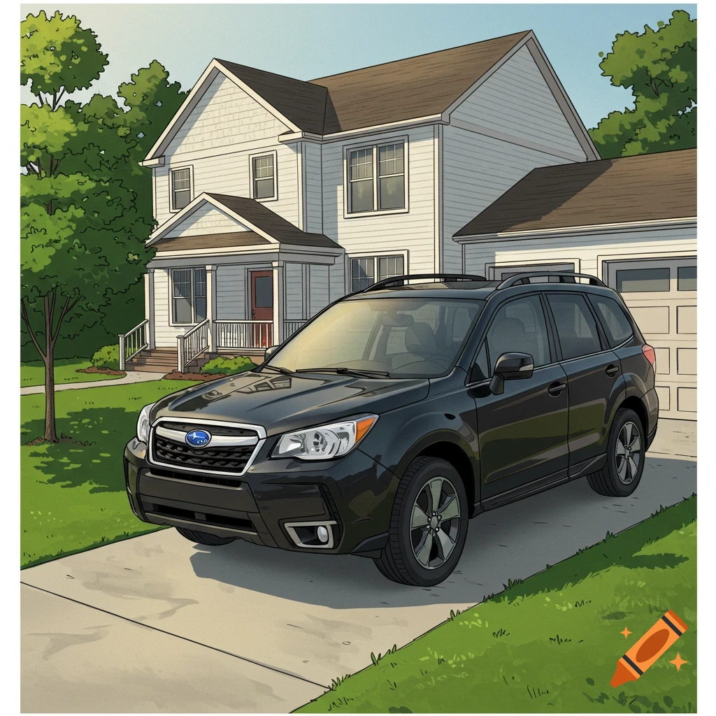 A black Subaru Forester parked in the driveway of a white two-story house, in clipart style.