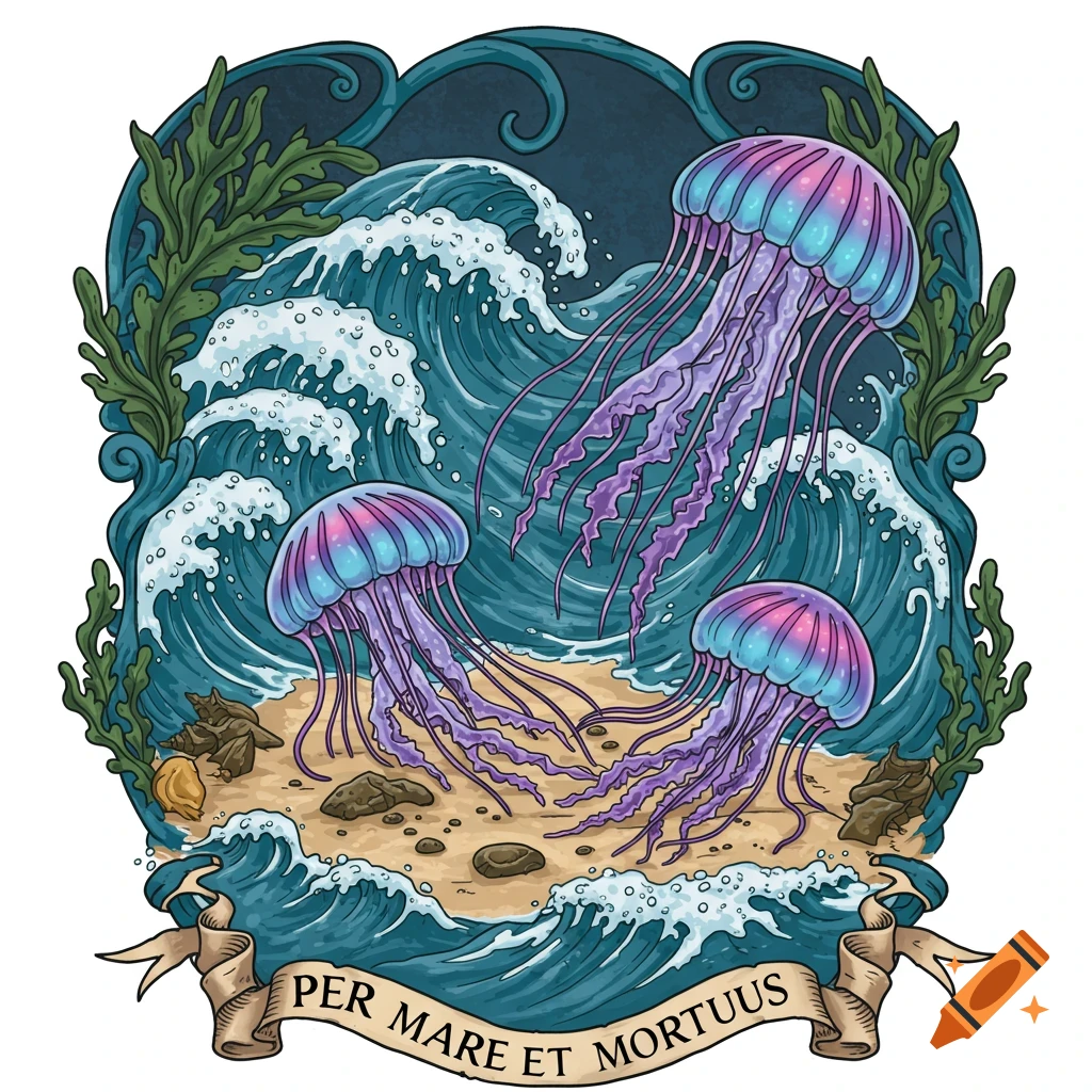 Stylized illustration of three jellyfish in crashing waves near a shore with seaweed and a banner.