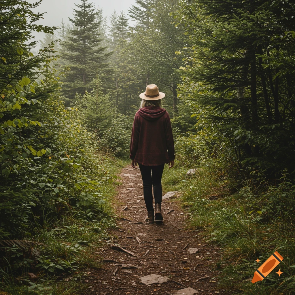 Person in a hat walking on a forest path