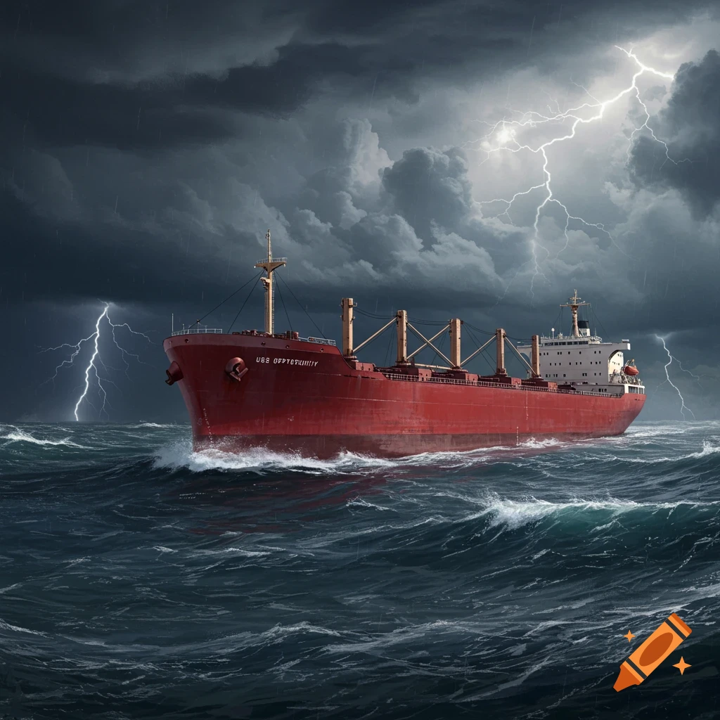 A red cargo ship, USS Opportunity, sailing through a lightning storm on rough seas.