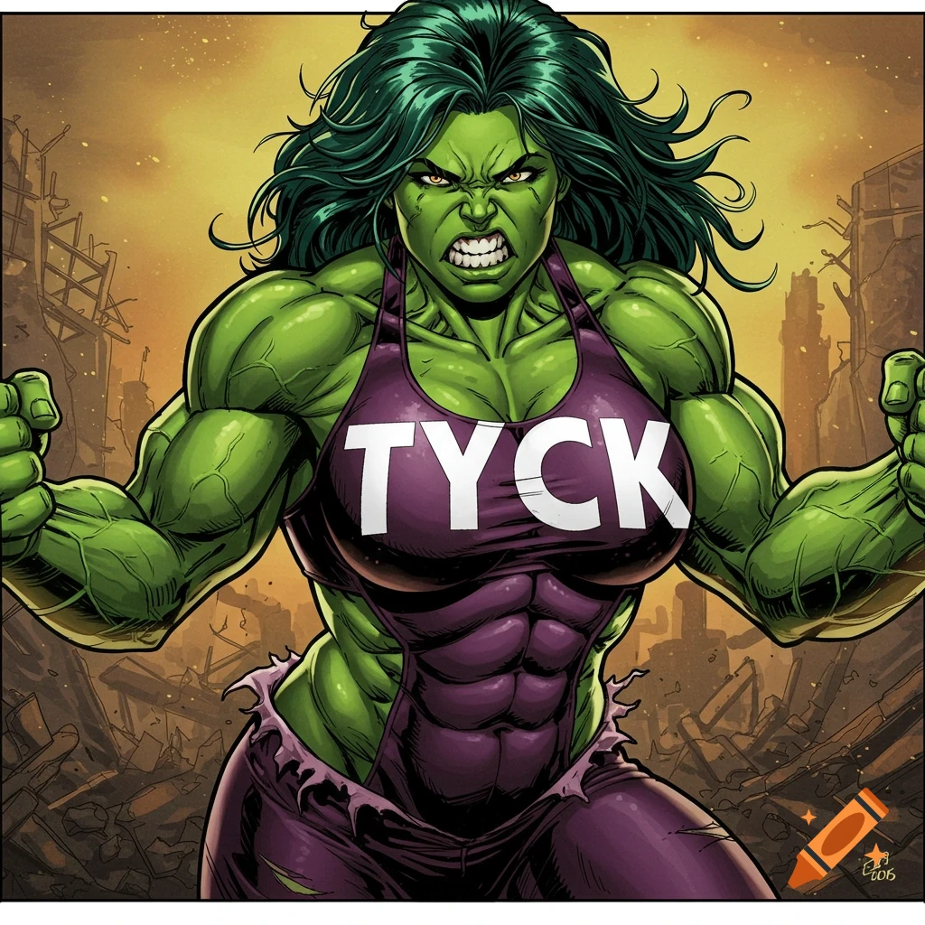 Comic art drawing of She-Hulk flexing, wearing a purple tank top with TYCK written on it, in a destroyed city background.