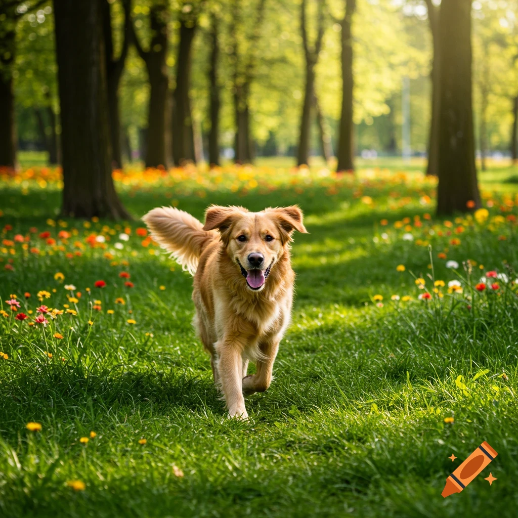 Golden retriever running through a sunny park filled with wildflowers