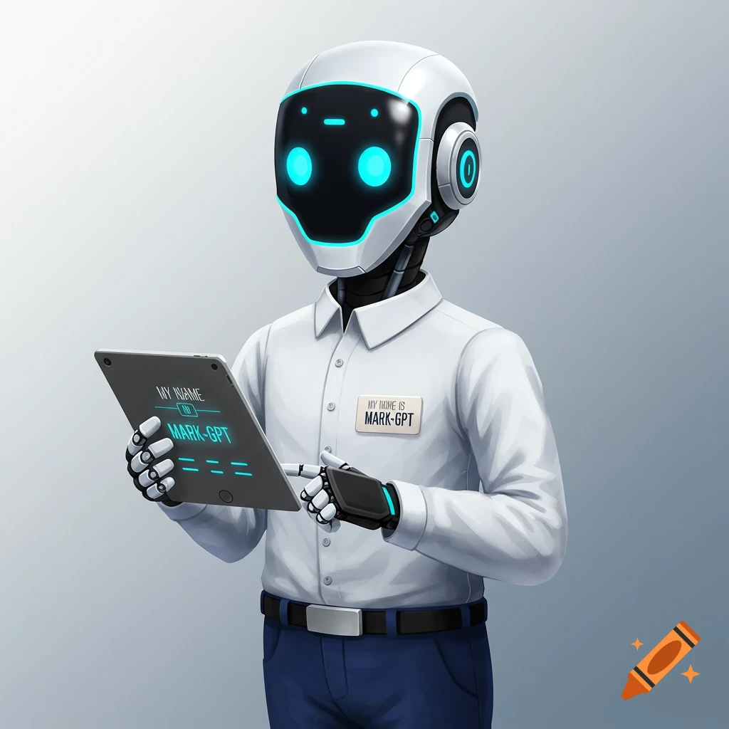 A robot in a white shirt holds a tablet with 'MARK-GPT' on it.