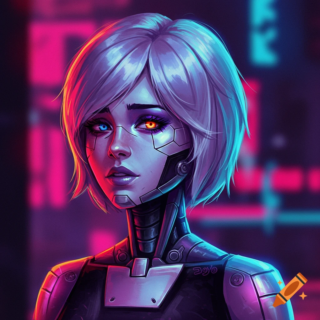 Portrait of a sci-fi character with short white hair and cybernetic parts, lit by neon.