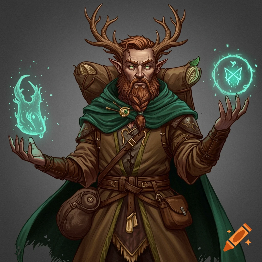 Fantasy character with antlers, beard, green cape, and satchel holding glowing magic.
