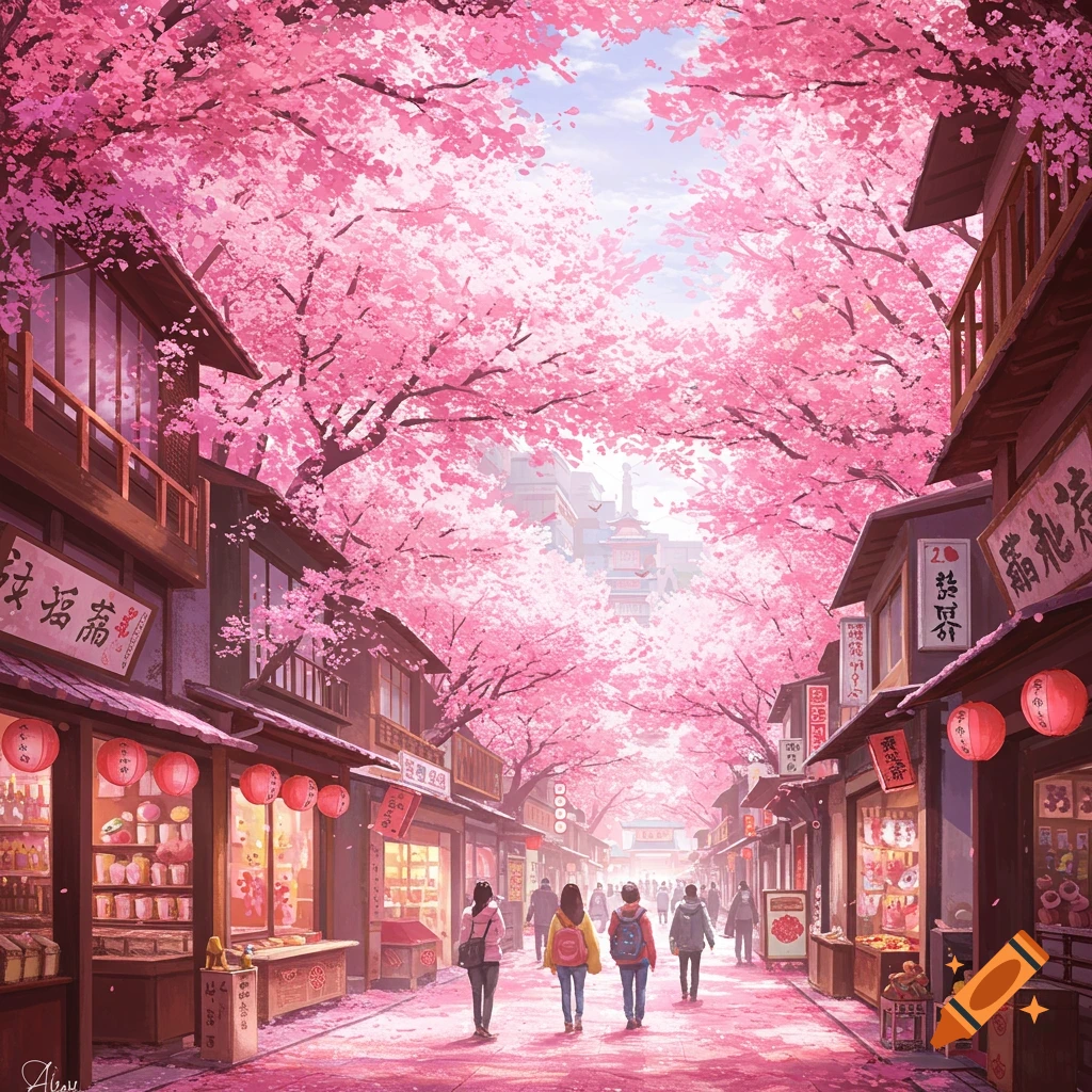 A street lined with pink cherry blossom trees and shops, with people walking along the path.