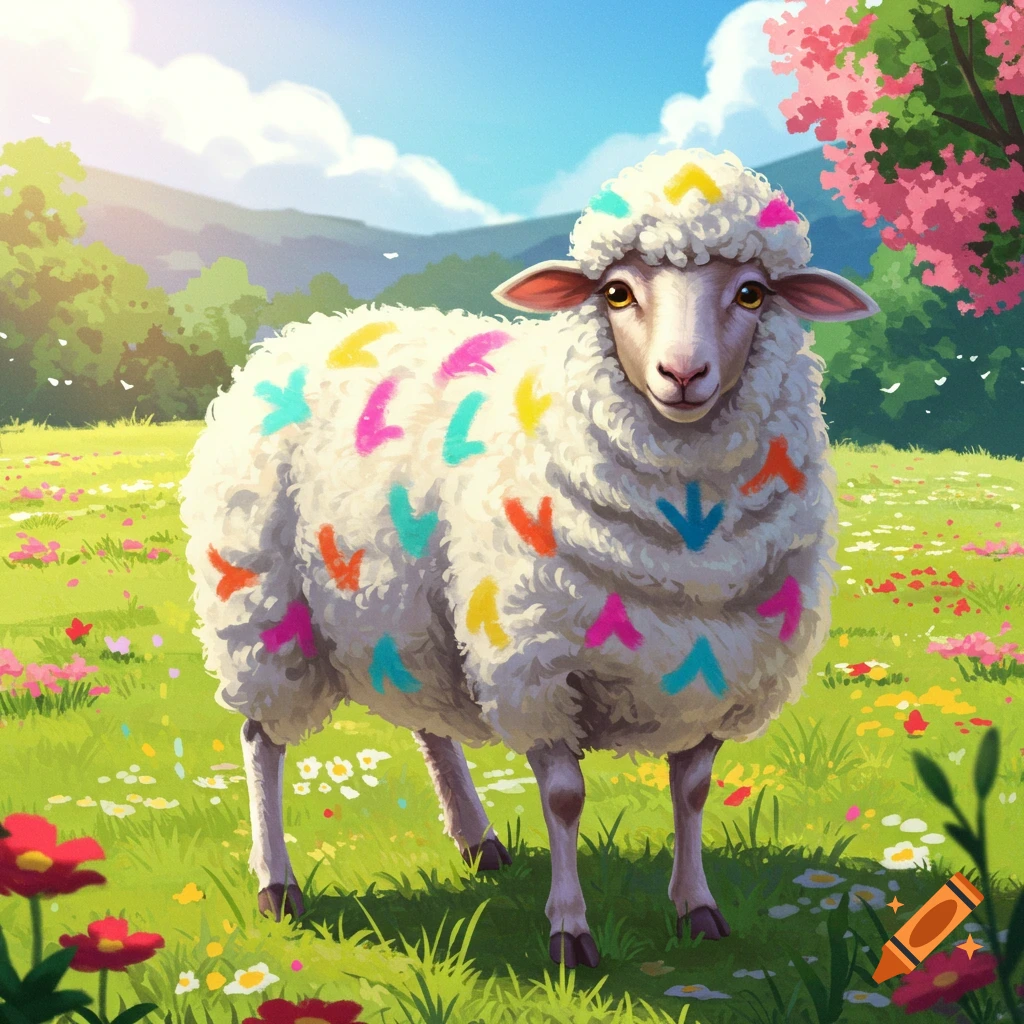 A fluffy white sheep stands in a sunny flower field, decorated with colorful arrow and fruit shapes.