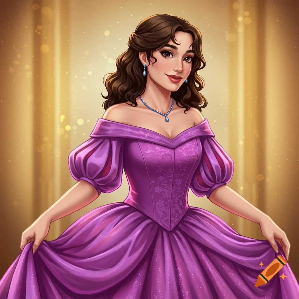 A woman in a purple ball gown holds out her skirt.