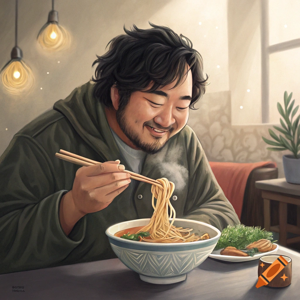 A man smiles while eating a bowl of noodles with chopsticks in a warm room.