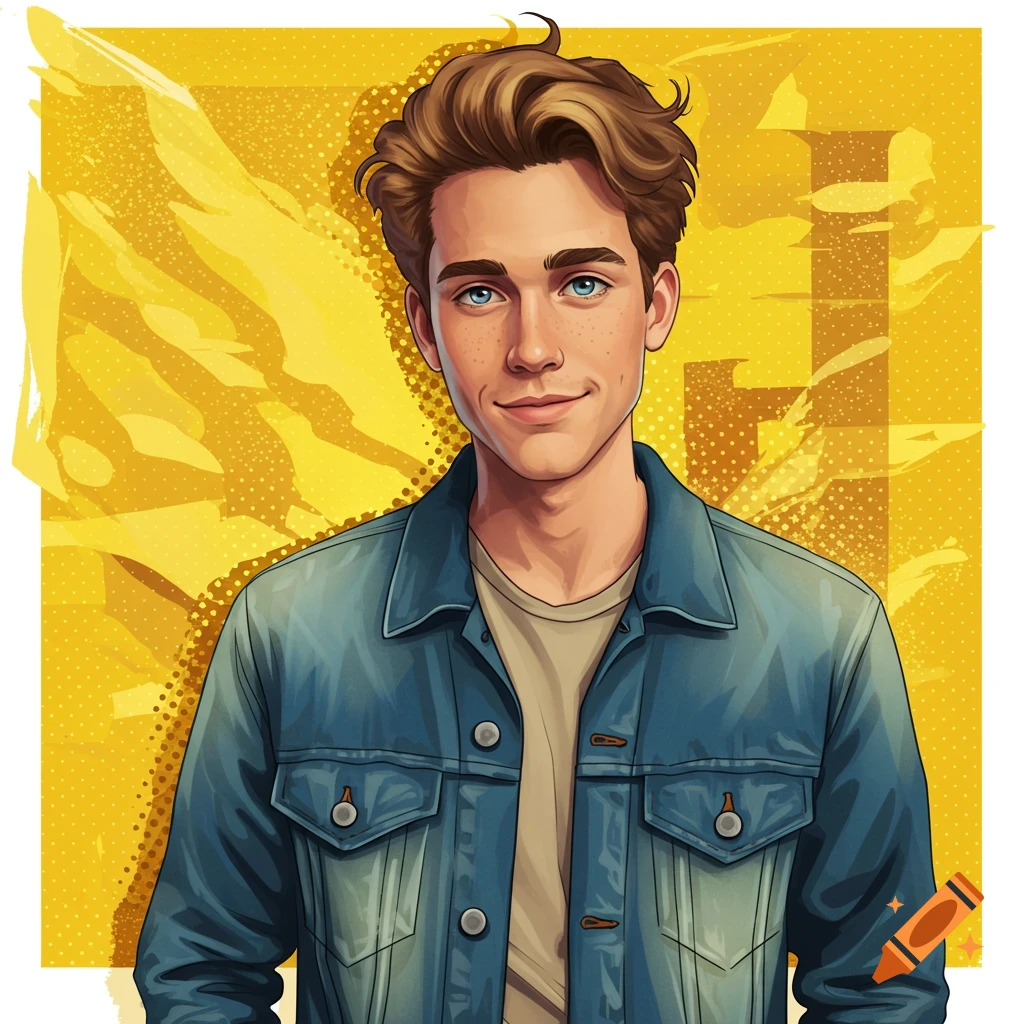 A young man in a denim jacket smiles against a yellow background with abstract patterns.