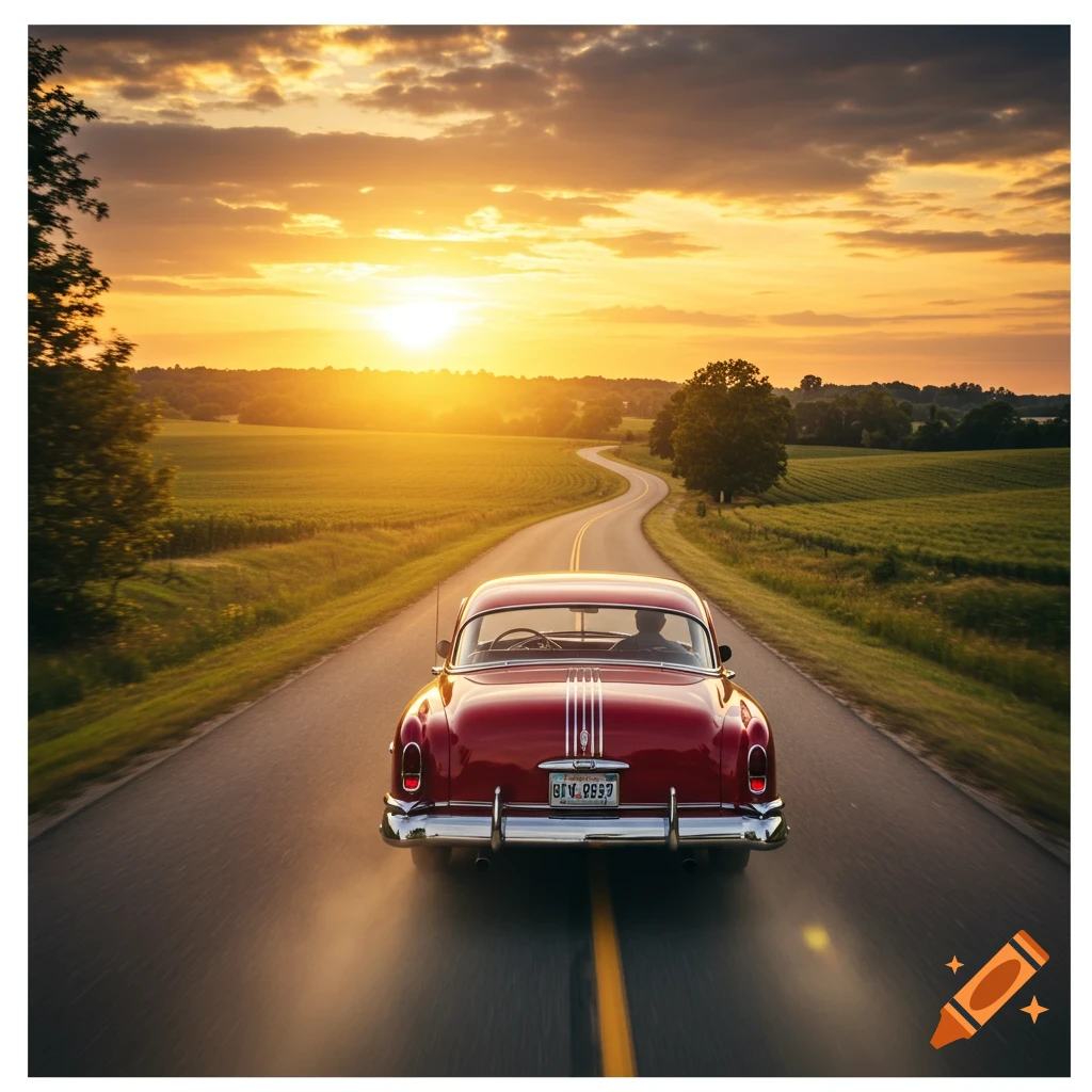 A classic red car drives away down a winding road through fields at sunset.