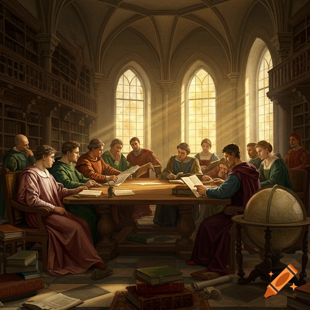 People in historical clothes are reading documents around a table in a sunlit library.
